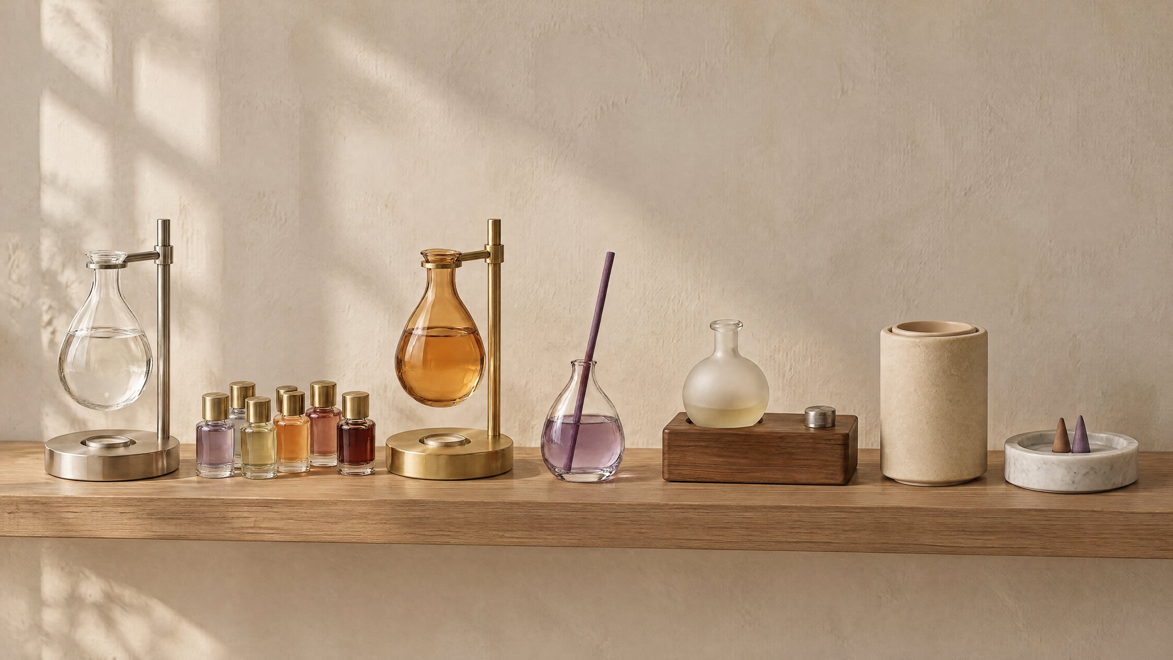 The OSMA collection on a long oak shelf against a plaster wall