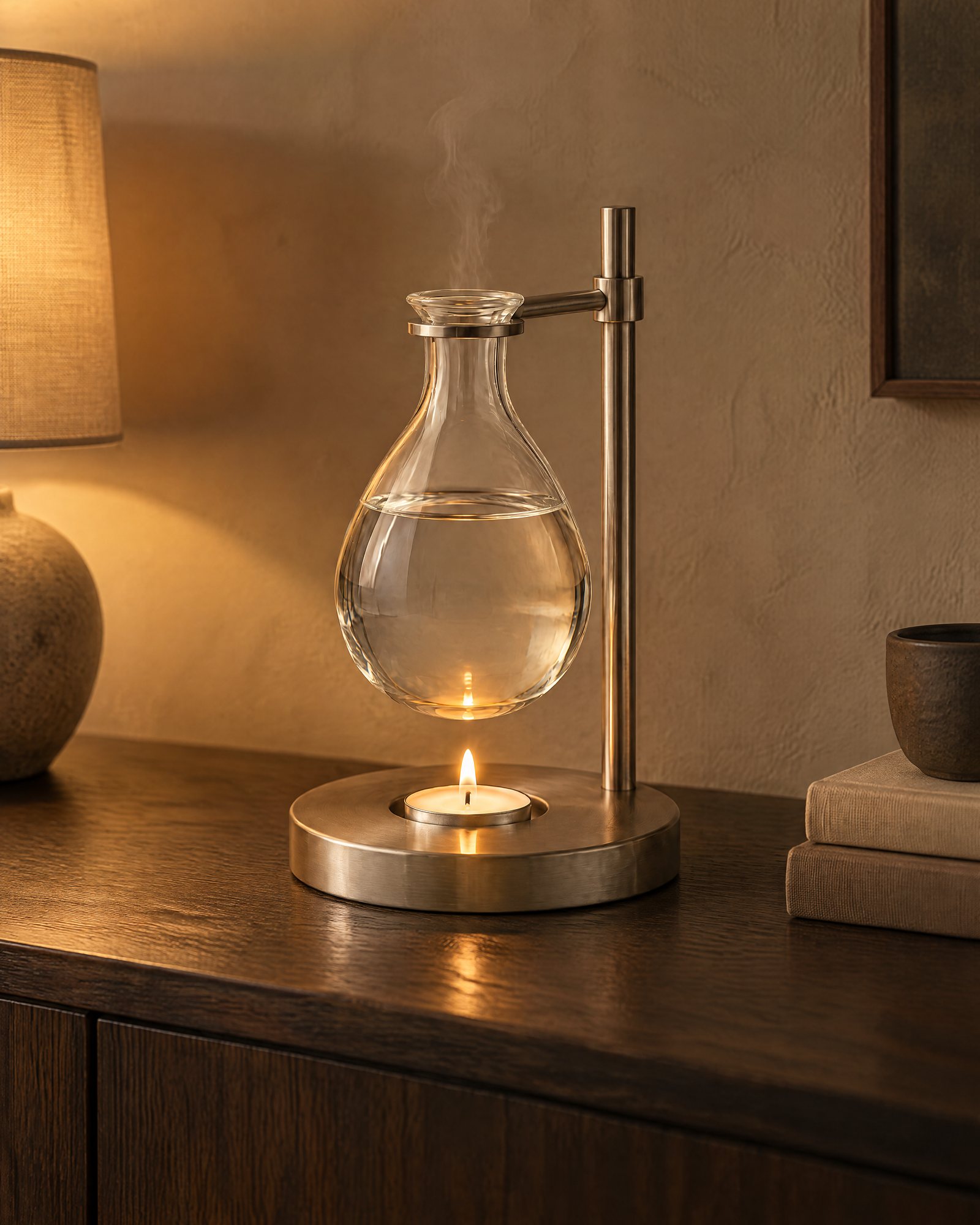 The Pendant Burner lit on a dark oak sideboard in the evening
