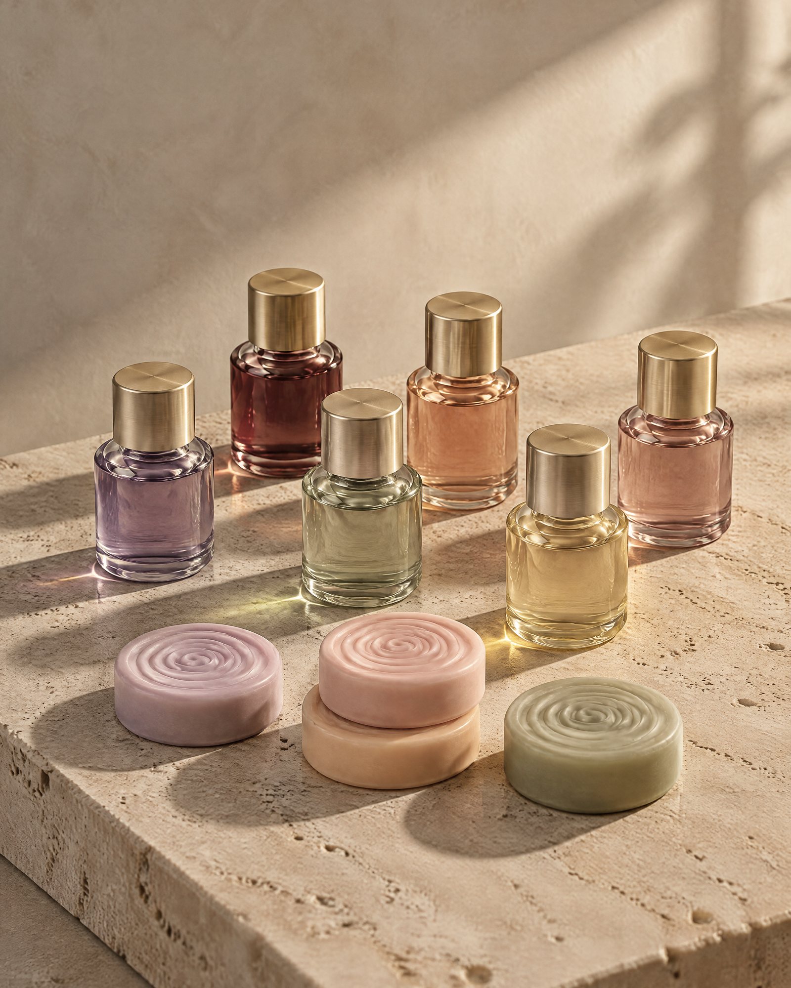 Fragrance oil bottles and wax melts on travertine