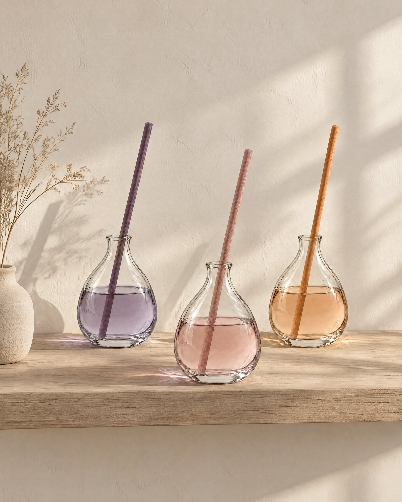 Three reed diffusers on a pale shelf in daylight