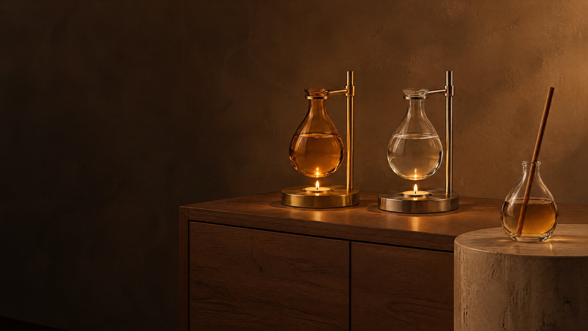 An evening interior lit by amber glass, a pendant burner and a reed diffuser