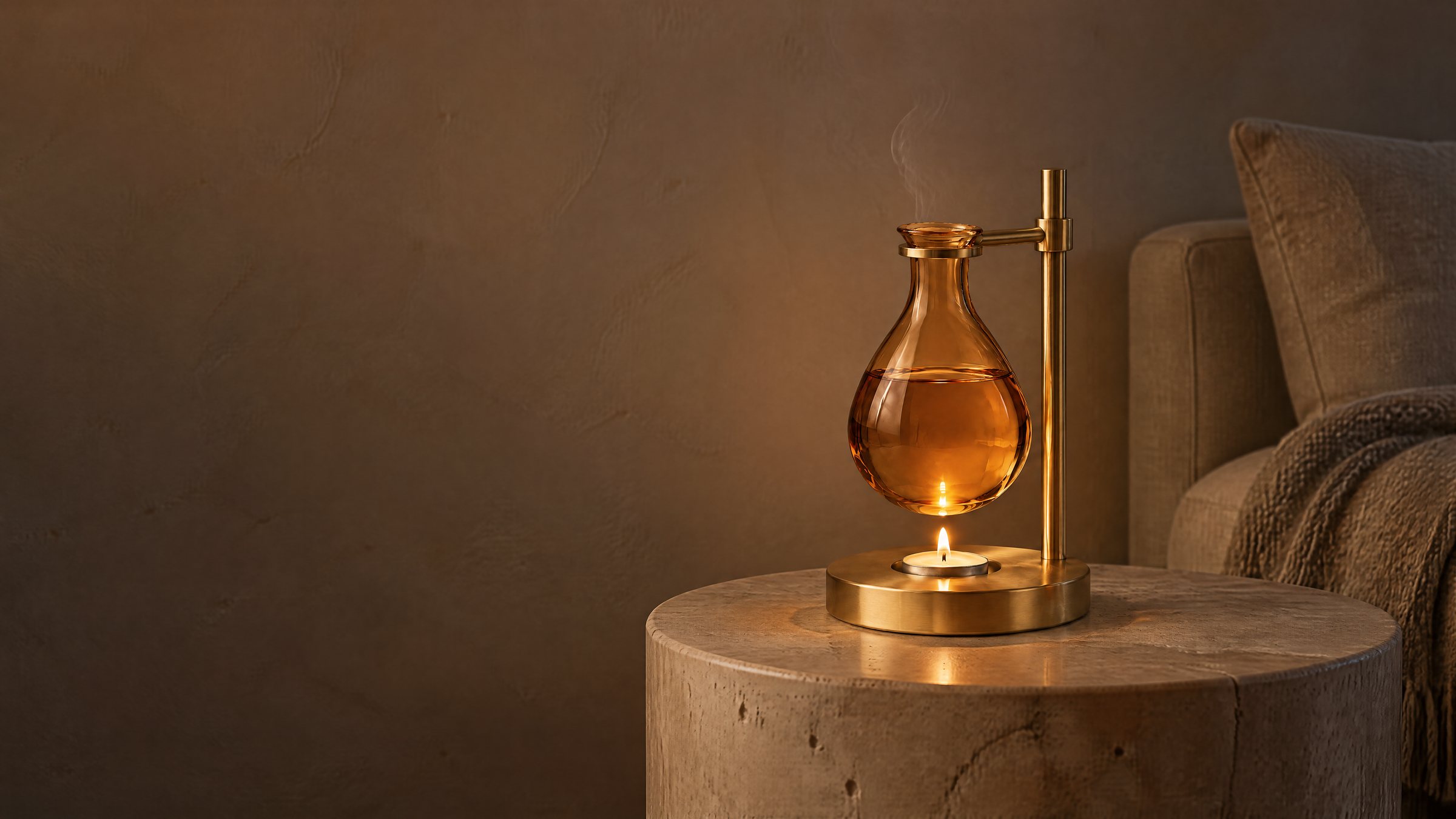 An amber glass burner lit on a travertine side table at dusk