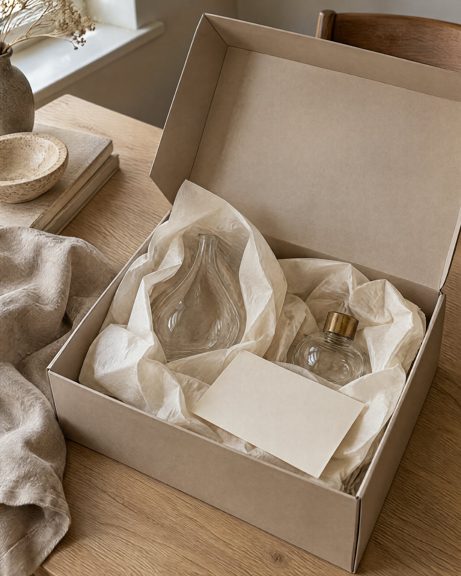 An opened stone-coloured mailer box with objects wrapped in tissue