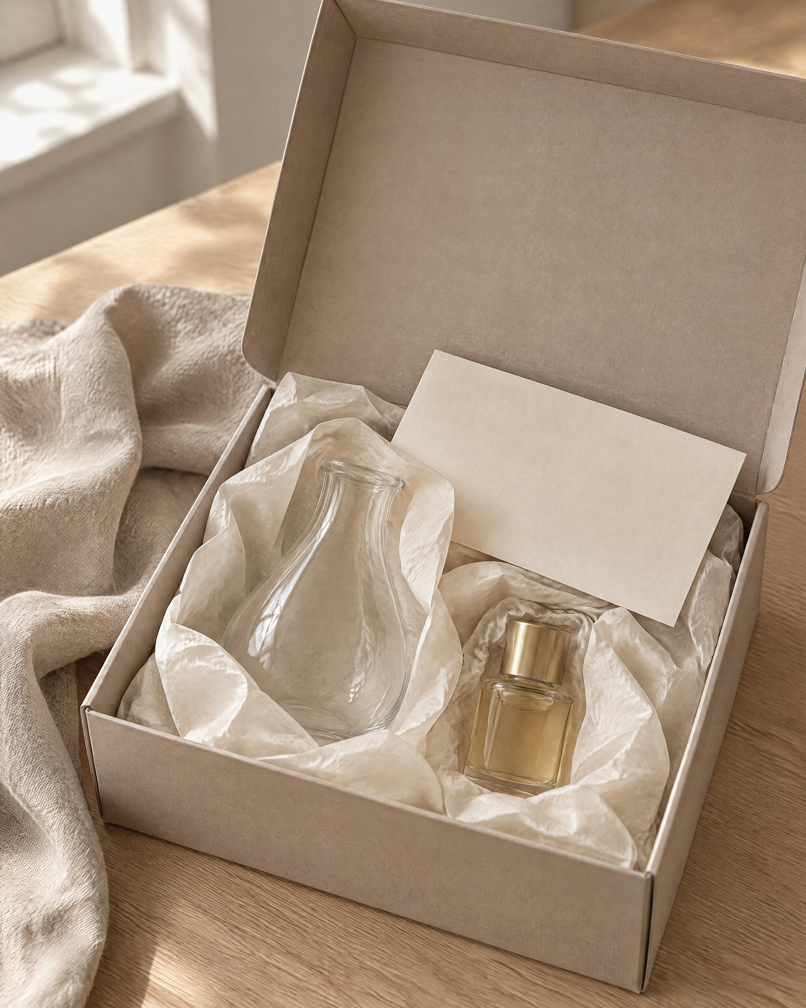 An opened stone-colored mailer box with objects wrapped in tissue