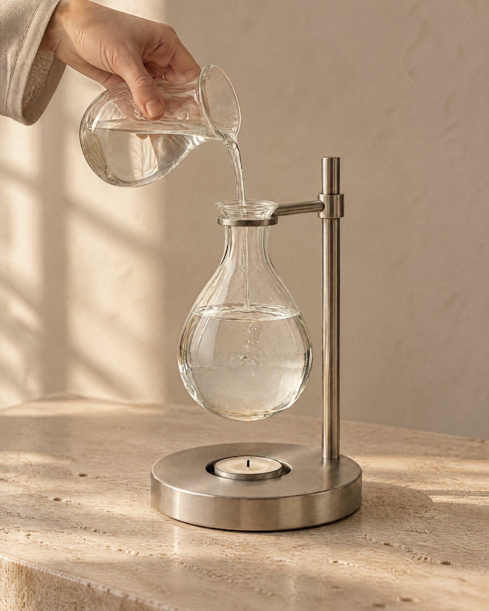 Hands pouring water from a small glass jug into a glass burner
