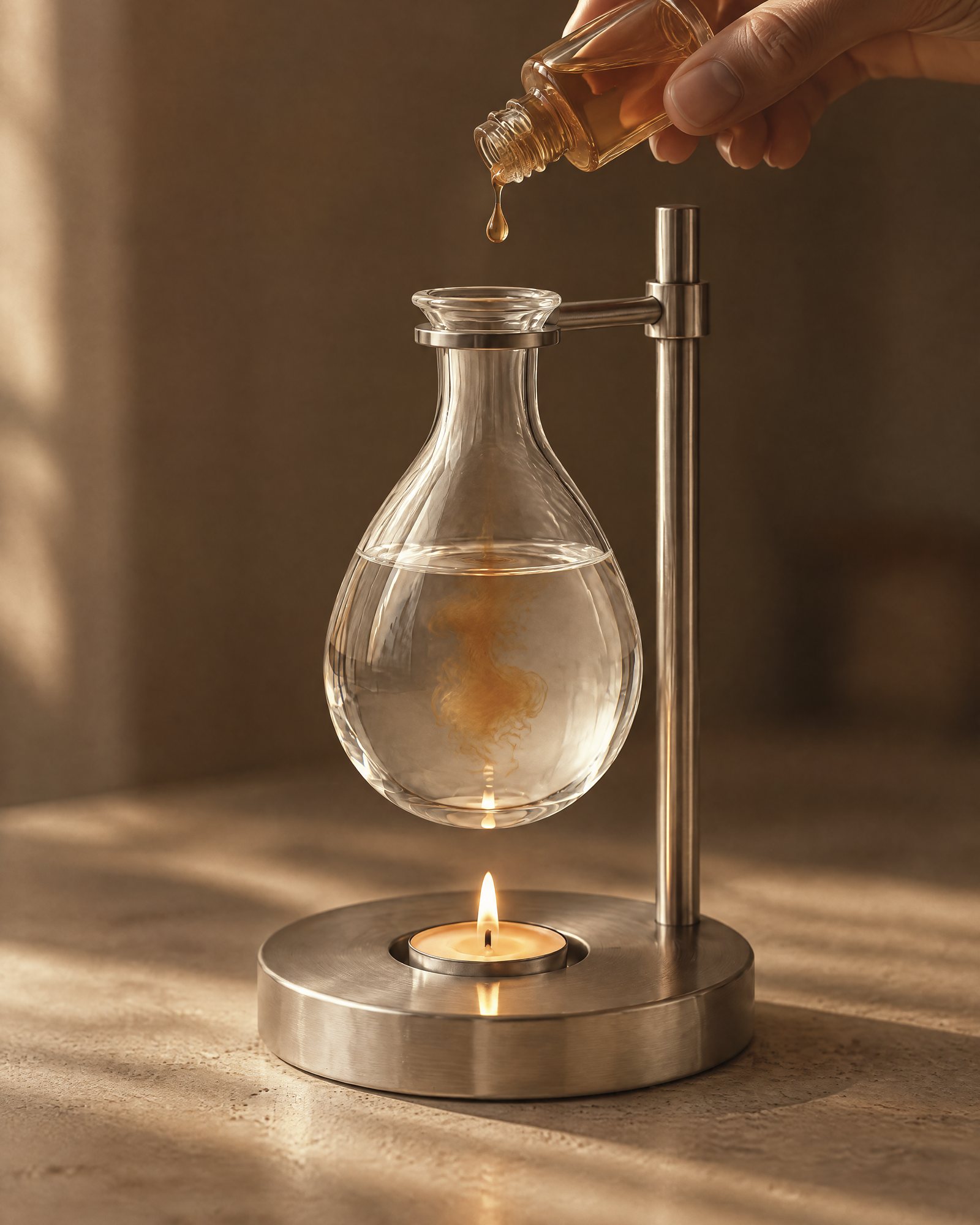 A drop of tinted fragrance oil falling into water