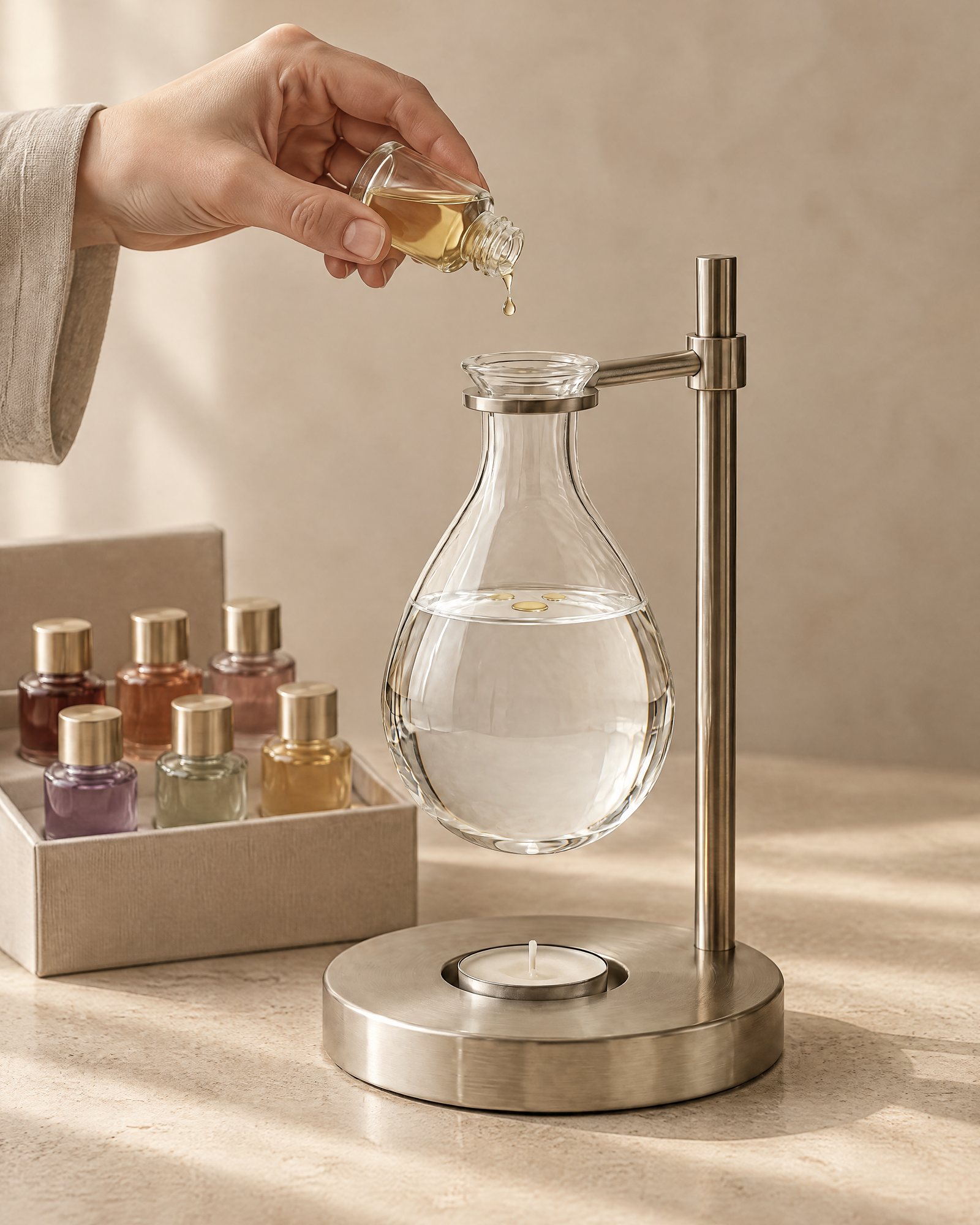 A hand adding a few drops of fragrance oil to the water in the Pendant Burner