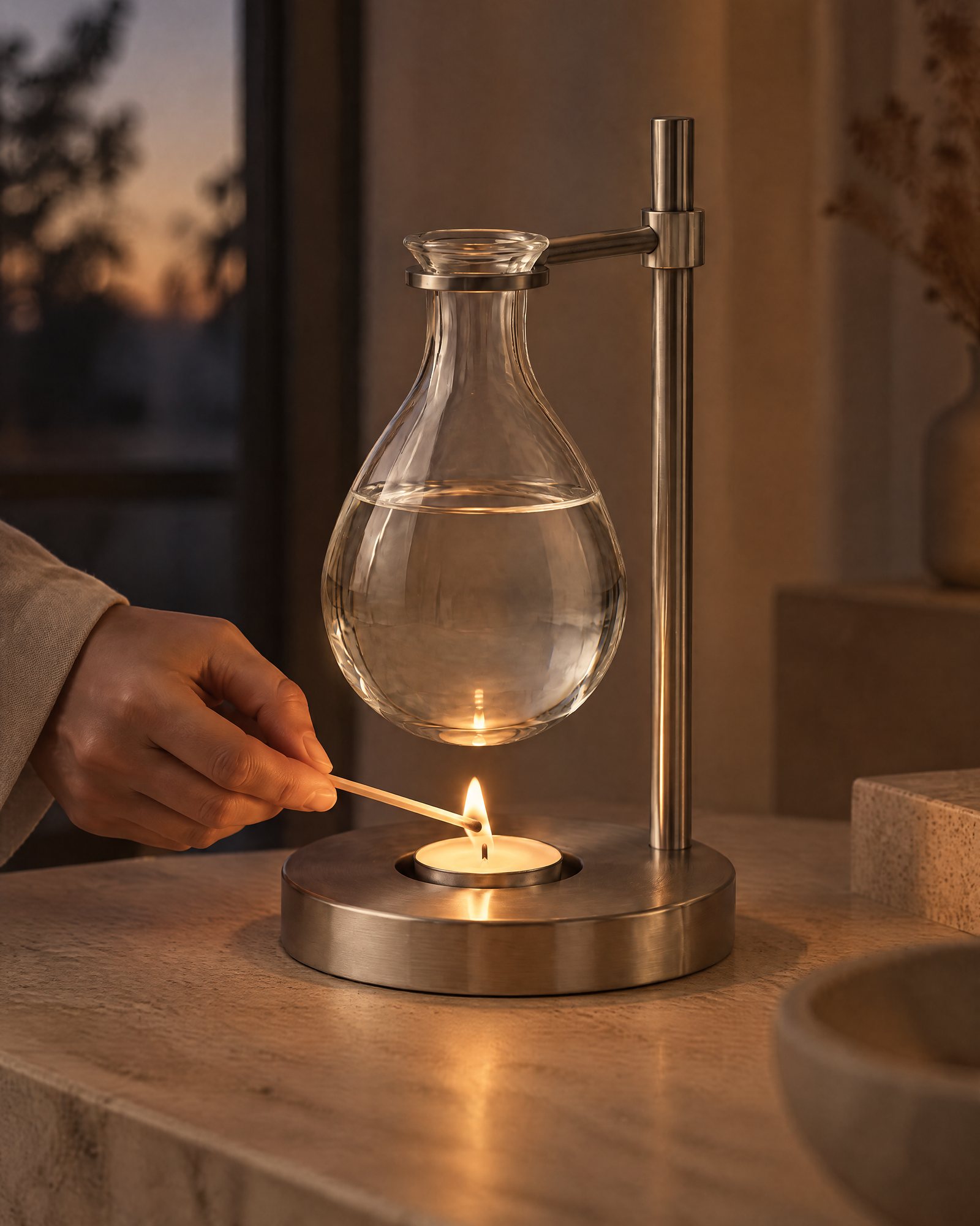 A hand lighting a tealight with a long match